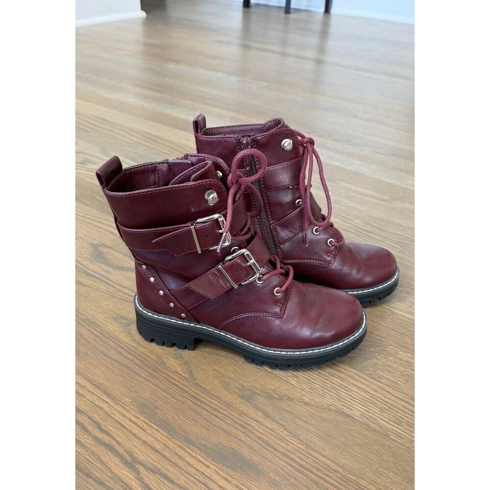 SO Finleyy Women's Burgundy Combat Boots, Size 5.5